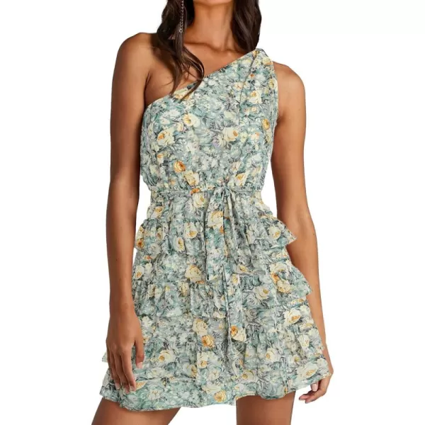 BTFBM 2024 Women One Shoulder Casual Summer Dresses Floral Boho High Waist Beach Ruffle Tiered A Line Flowy Mini DressFloral Green