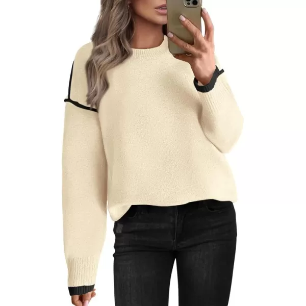 BTFBM Fall Sweaters for Women 2024 Trendy Casual Crew Neck Long Sleeve Loose Ribbed Knit Sweater Pullover Jumper TopsSolid Beige
