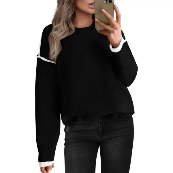 BTFBM Fall Sweaters for Women 2024 Trendy Casual Crew Neck Long Sleeve Loose Ribbed Knit Sweater Pullover Jumper TopsSolid Black