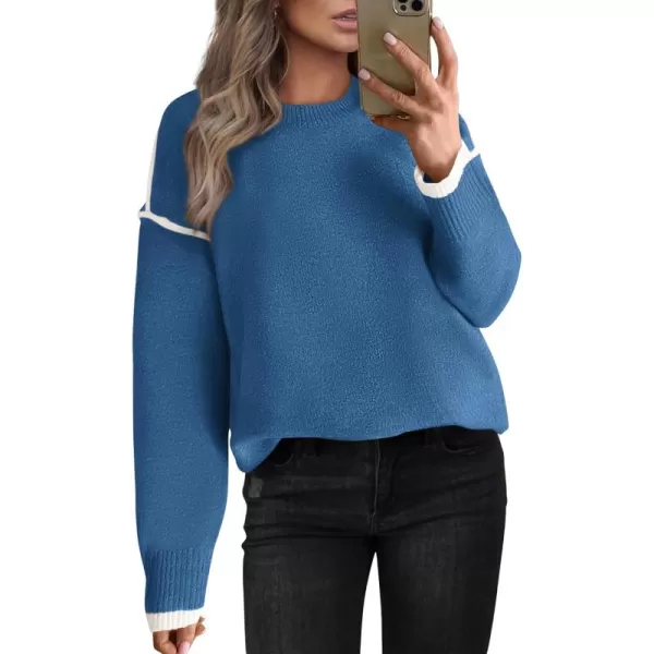 BTFBM Fall Sweaters for Women 2024 Trendy Casual Crew Neck Long Sleeve Loose Ribbed Knit Sweater Pullover Jumper TopsSolid Denim Blue