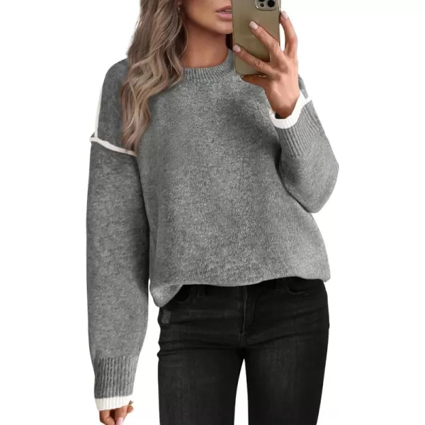 BTFBM Fall Sweaters for Women 2024 Trendy Casual Crew Neck Long Sleeve Loose Ribbed Knit Sweater Pullover Jumper TopsSolid Grey