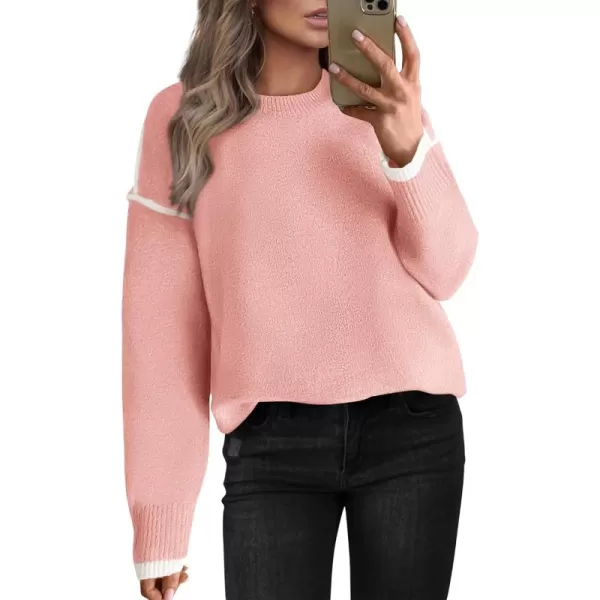 BTFBM Fall Sweaters for Women 2024 Trendy Casual Crew Neck Long Sleeve Loose Ribbed Knit Sweater Pullover Jumper TopsSolid Pink