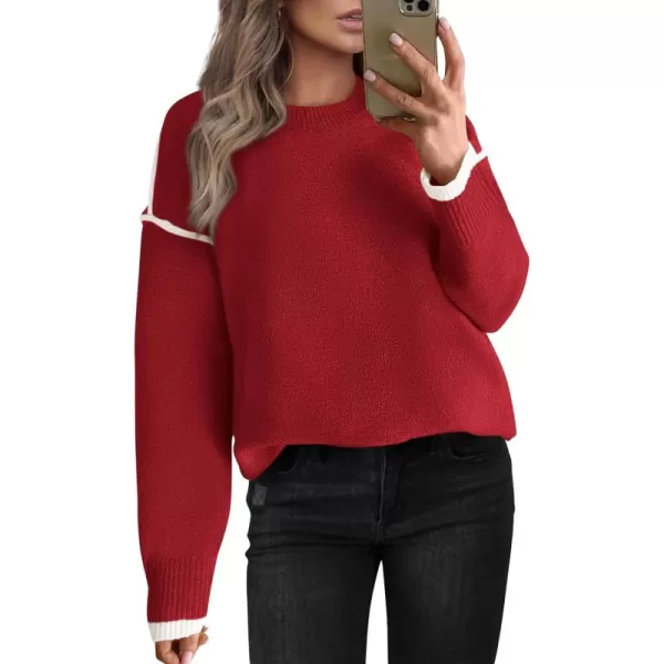 BTFBM Fall Sweaters for Women 2024 Trendy Casual Crew Neck Long Sleeve Loose Ribbed Knit Sweater Pullover Jumper TopsSolid Red