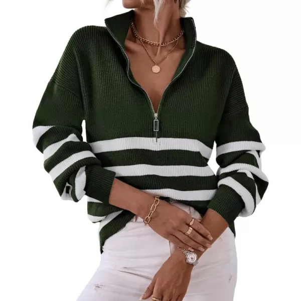 BTFBM Women 2024 Casual Long Sleeve Zip Striped Pullover Sweaters V Neck Collar Ribbed Knit Fall Winter Slouchy JumpersStriped Army Green