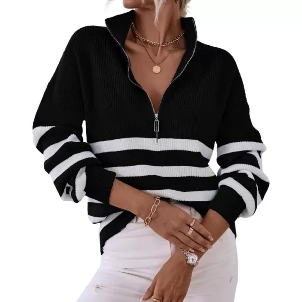 BTFBM Women 2024 Casual Long Sleeve Zip Striped Pullover Sweaters V Neck Collar Ribbed Knit Fall Winter Slouchy JumpersStriped Black