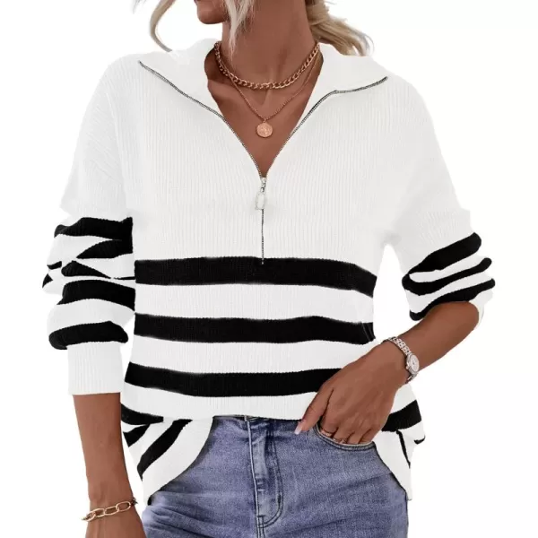 BTFBM Women 2024 Casual Long Sleeve Zip Striped Pullover Sweaters V Neck Collar Ribbed Knit Fall Winter Slouchy JumpersStriped White