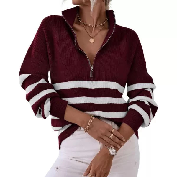 BTFBM Women 2024 Casual Long Sleeve Zip Striped Pullover Sweaters V Neck Collar Ribbed Knit Fall Winter Slouchy JumpersStriped Wine Red