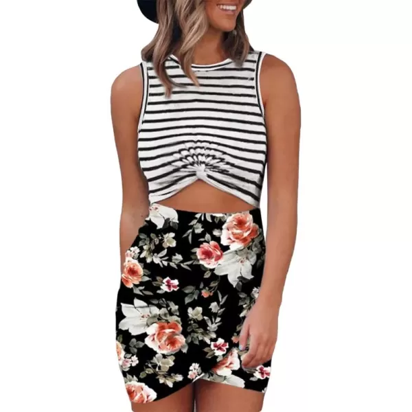 BTFBM Women 2024 Summer Sleeveless Casual Crewneck Bodycon Tank Dress Cutout Twist Slim Wrap Club Party Evening DressesStripe and Floral Black