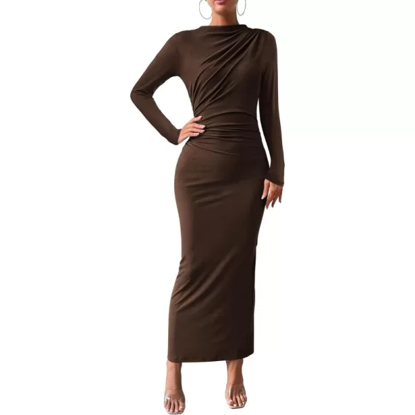 BTFBM Women Bodycon Maxi Dress Long Sleeve Back Slit Ruched Elegant Party Cocktail Formal Fall Wedding Guest DressesDark Coffee