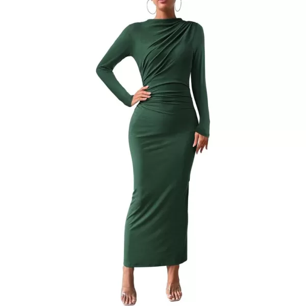 BTFBM Women Bodycon Maxi Dress Long Sleeve Back Slit Ruched Elegant Party Cocktail Formal Fall Wedding Guest DressesSolid Army Green