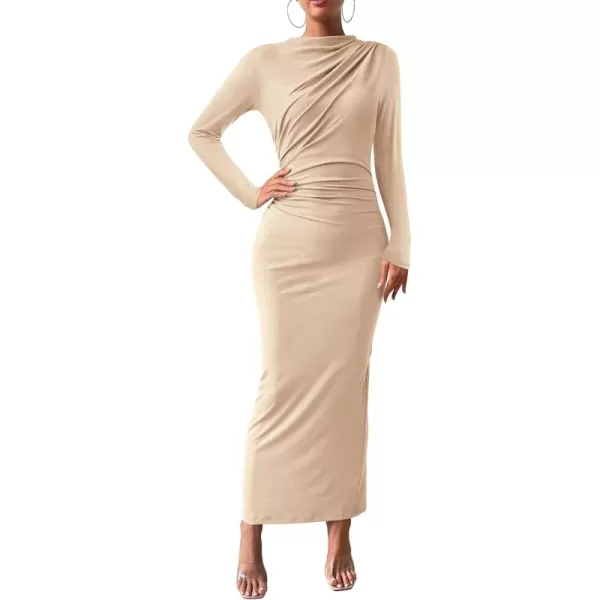 BTFBM Women Bodycon Maxi Dress Long Sleeve Back Slit Ruched Elegant Party Cocktail Formal Fall Wedding Guest DressesSolid Beige