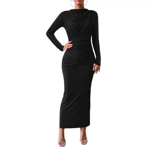 BTFBM Women Bodycon Maxi Dress Long Sleeve Back Slit Ruched Elegant Party Cocktail Formal Fall Wedding Guest DressesSolid Black