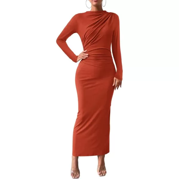 BTFBM Women Bodycon Maxi Dress Long Sleeve Back Slit Ruched Elegant Party Cocktail Formal Fall Wedding Guest DressesSolid Brick Red