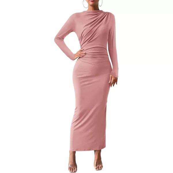 BTFBM Women Bodycon Maxi Dress Long Sleeve Back Slit Ruched Elegant Party Cocktail Formal Fall Wedding Guest DressesSolid Pink