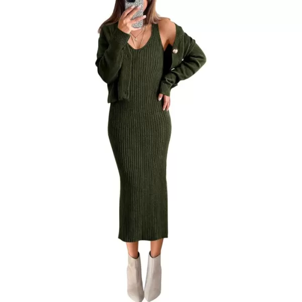 BTFBM Women Fall Knit Sweater Dress Set Bodycon Slit Midi Dresses Button Down Long Sleeve Cropped Cardigan 2 Piece SetsArmy Green