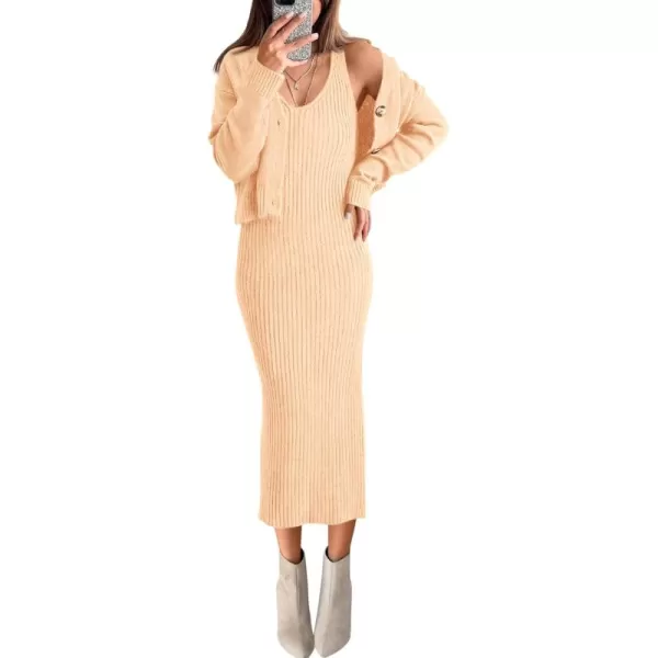 BTFBM Women Fall Knit Sweater Dress Set Bodycon Slit Midi Dresses Button Down Long Sleeve Cropped Cardigan 2 Piece SetsBeige