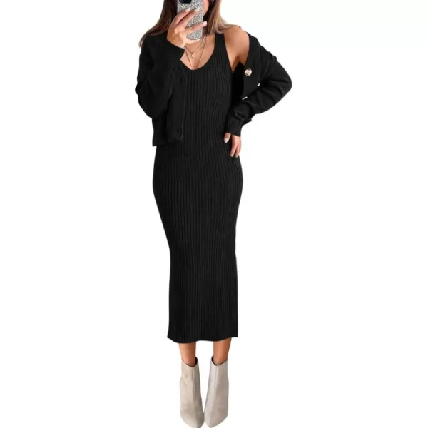 BTFBM Women Fall Knit Sweater Dress Set Bodycon Slit Midi Dresses Button Down Long Sleeve Cropped Cardigan 2 Piece SetsBlack