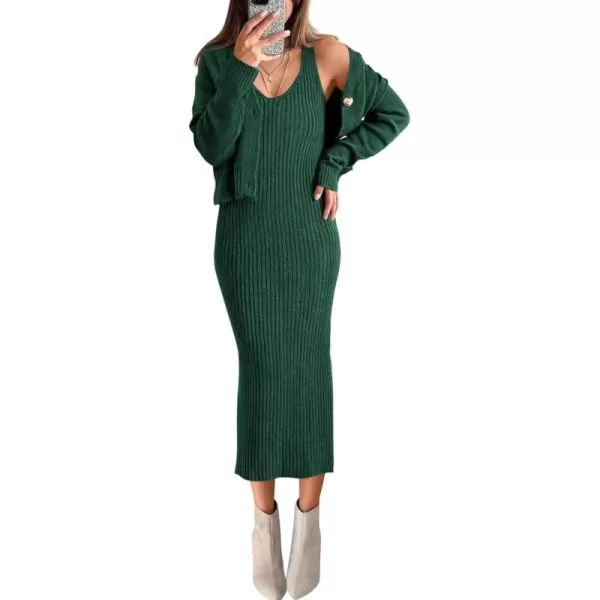 BTFBM Women Fall Knit Sweater Dress Set Bodycon Slit Midi Dresses Button Down Long Sleeve Cropped Cardigan 2 Piece SetsDark Green