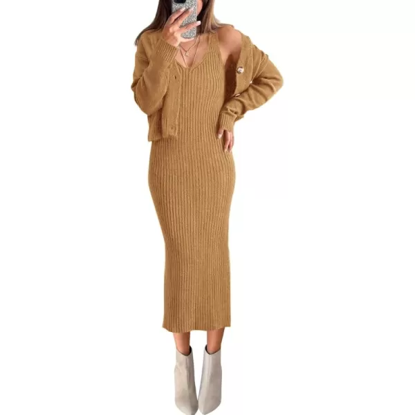 BTFBM Women Fall Knit Sweater Dress Set Bodycon Slit Midi Dresses Button Down Long Sleeve Cropped Cardigan 2 Piece SetsKhaki