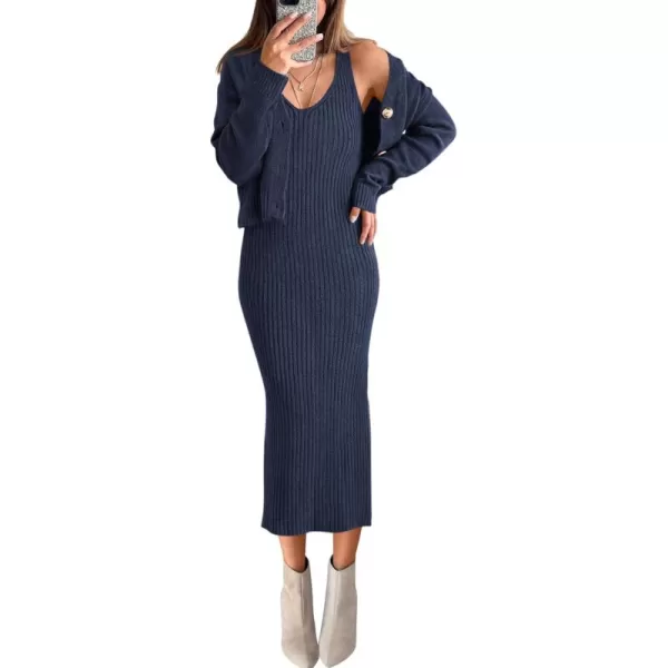BTFBM Women Fall Knit Sweater Dress Set Bodycon Slit Midi Dresses Button Down Long Sleeve Cropped Cardigan 2 Piece SetsNavy