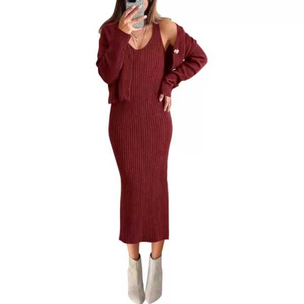 BTFBM Women Fall Knit Sweater Dress Set Bodycon Slit Midi Dresses Button Down Long Sleeve Cropped Cardigan 2 Piece SetsWine Red