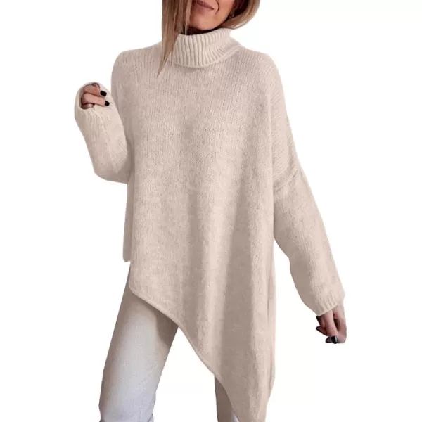BTFBM Women Long Sleeve Turtleneck Knit Sweater Asymmetric Hem Oversized Fall Winter Sweaters Casual Pullover JumperBeige White