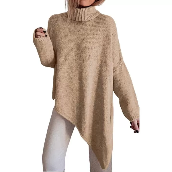 BTFBM Women Long Sleeve Turtleneck Knit Sweater Asymmetric Hem Oversized Fall Winter Sweaters Casual Pullover JumperSolid Apricot