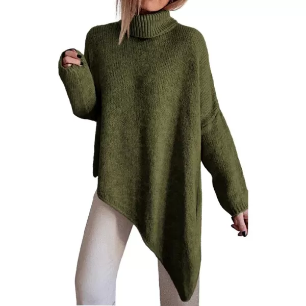 BTFBM Women Long Sleeve Turtleneck Knit Sweater Asymmetric Hem Oversized Fall Winter Sweaters Casual Pullover JumperSolid Army Green