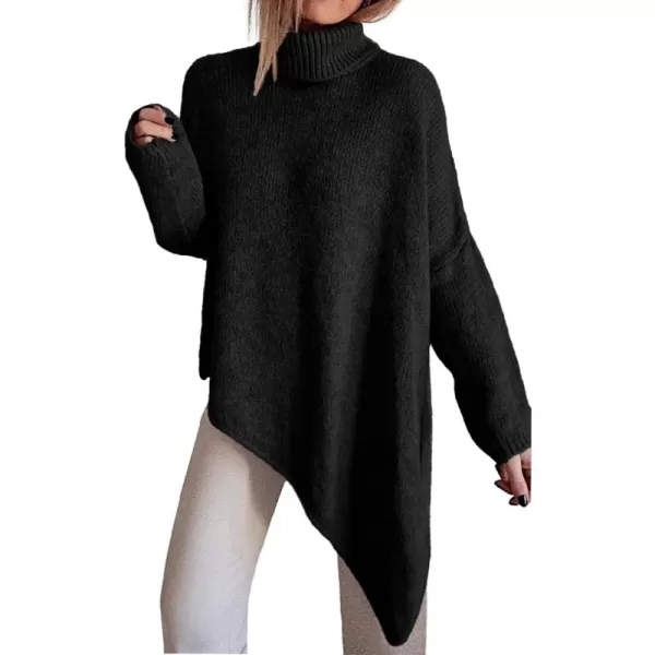 BTFBM Women Long Sleeve Turtleneck Knit Sweater Asymmetric Hem Oversized Fall Winter Sweaters Casual Pullover JumperSolid Black