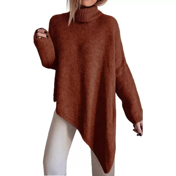 BTFBM Women Long Sleeve Turtleneck Knit Sweater Asymmetric Hem Oversized Fall Winter Sweaters Casual Pullover JumperSolid Brick Red