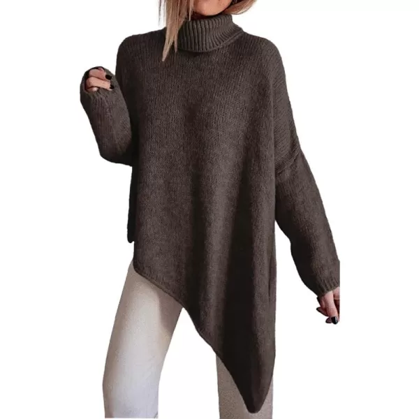 BTFBM Women Long Sleeve Turtleneck Knit Sweater Asymmetric Hem Oversized Fall Winter Sweaters Casual Pullover JumperSolid Coffee