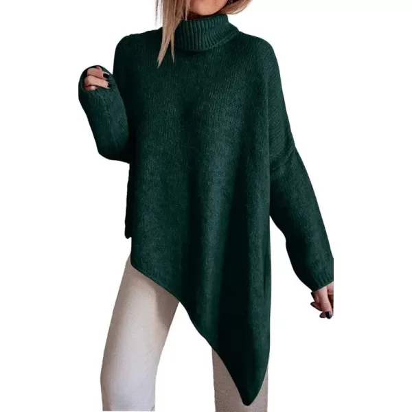 BTFBM Women Long Sleeve Turtleneck Knit Sweater Asymmetric Hem Oversized Fall Winter Sweaters Casual Pullover JumperSolid Dark Green