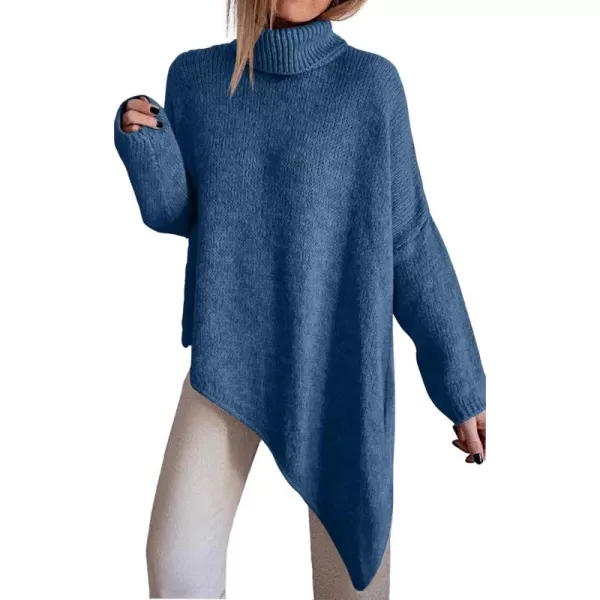 BTFBM Women Long Sleeve Turtleneck Knit Sweater Asymmetric Hem Oversized Fall Winter Sweaters Casual Pullover JumperSolid Lake Blue