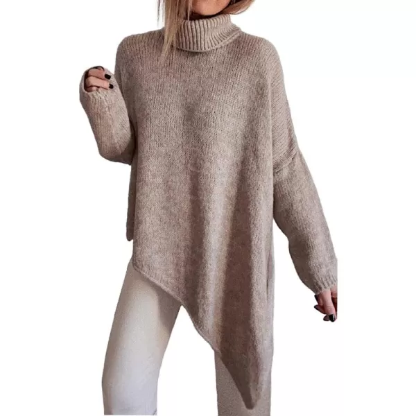BTFBM Women Long Sleeve Turtleneck Knit Sweater Asymmetric Hem Oversized Fall Winter Sweaters Casual Pullover JumperSolid Light Khaki