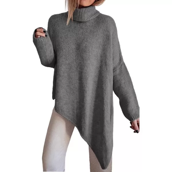 BTFBM Women Long Sleeve Turtleneck Knit Sweater Asymmetric Hem Oversized Fall Winter Sweaters Casual Pullover JumperSolid Mid Grey