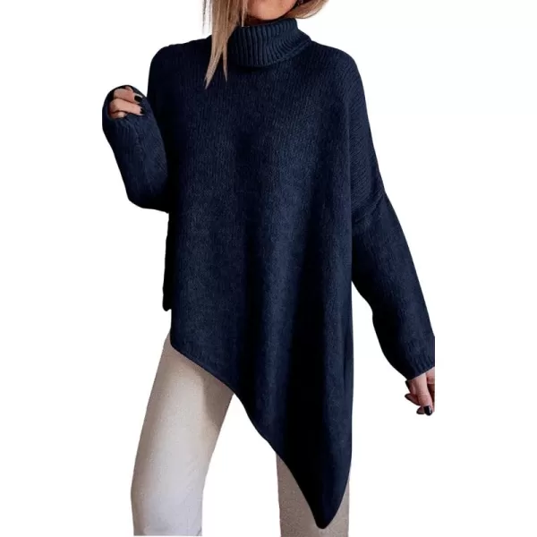 BTFBM Women Long Sleeve Turtleneck Knit Sweater Asymmetric Hem Oversized Fall Winter Sweaters Casual Pullover JumperSolid Navy