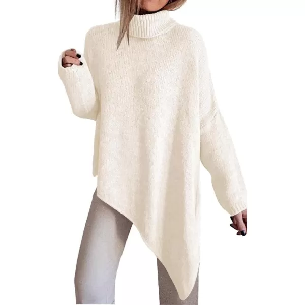 BTFBM Women Long Sleeve Turtleneck Knit Sweater Asymmetric Hem Oversized Fall Winter Sweaters Casual Pullover JumperSolid White