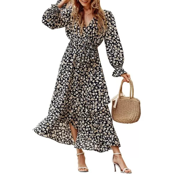 BTFBM Women Long Sleeve Wrap Maxi Dress V Neck Boho Floral High Waist Flowy Ruffle 2024 Spring Summer Dresses with BeltBig Floral Black