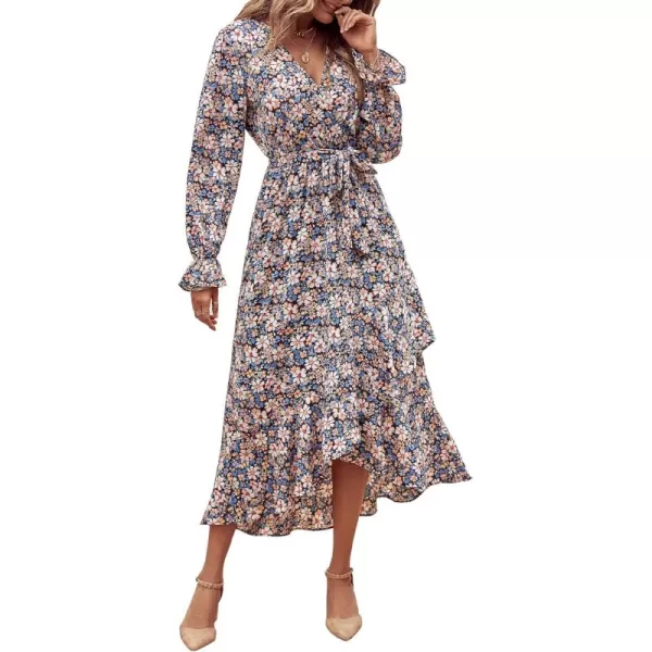 BTFBM Women Long Sleeve Wrap Maxi Dress V Neck Boho Floral High Waist Flowy Ruffle 2024 Spring Summer Dresses with BeltBig Floral Blue White