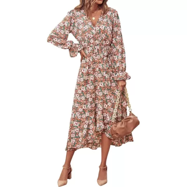 BTFBM Women Long Sleeve Wrap Maxi Dress V Neck Boho Floral High Waist Flowy Ruffle 2024 Spring Summer Dresses with BeltBig Floral Brown Green