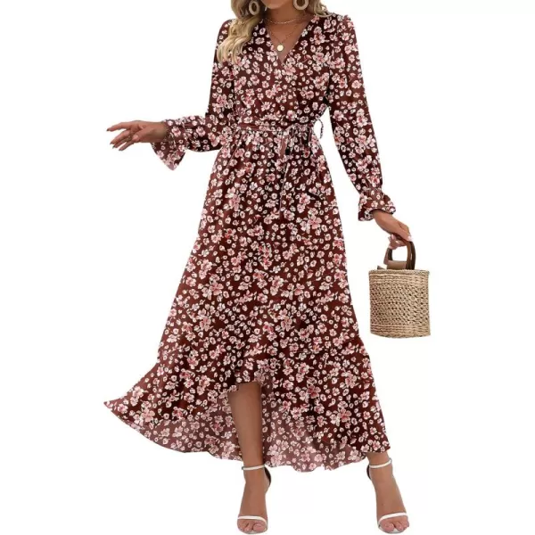 BTFBM Women Long Sleeve Wrap Maxi Dress V Neck Boho Floral High Waist Flowy Ruffle 2024 Spring Summer Dresses with BeltBig Floral Wine Red