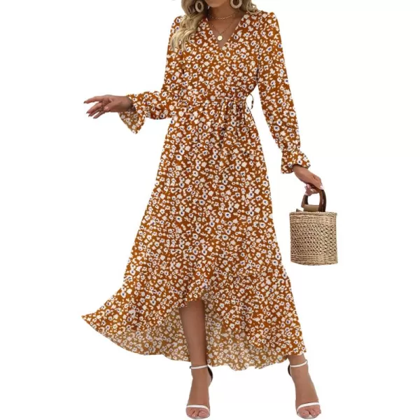 BTFBM Women Long Sleeve Wrap Maxi Dress V Neck Boho Floral High Waist Flowy Ruffle 2024 Spring Summer Dresses with BeltBig Floral Yellow