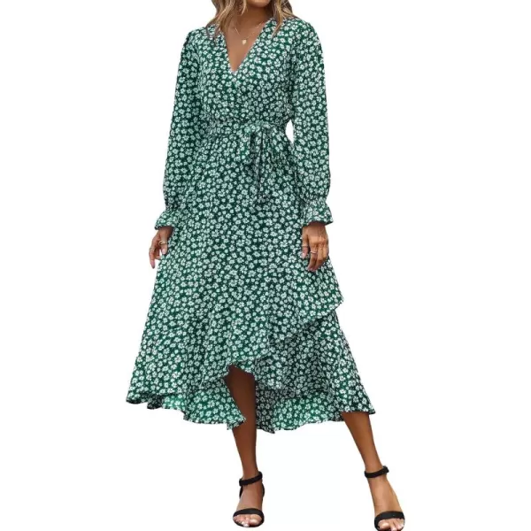 BTFBM Women Long Sleeve Wrap Maxi Dress V Neck Boho Floral High Waist Flowy Ruffle 2024 Spring Summer Dresses with BeltDaisy White Dark Green