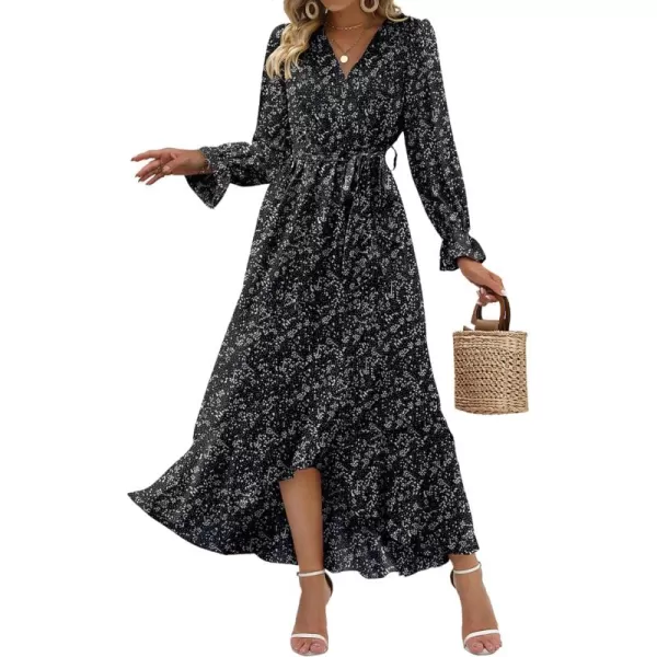 BTFBM Women Long Sleeve Wrap Maxi Dress V Neck Boho Floral High Waist Flowy Ruffle 2024 Spring Summer Dresses with BeltFloral Black