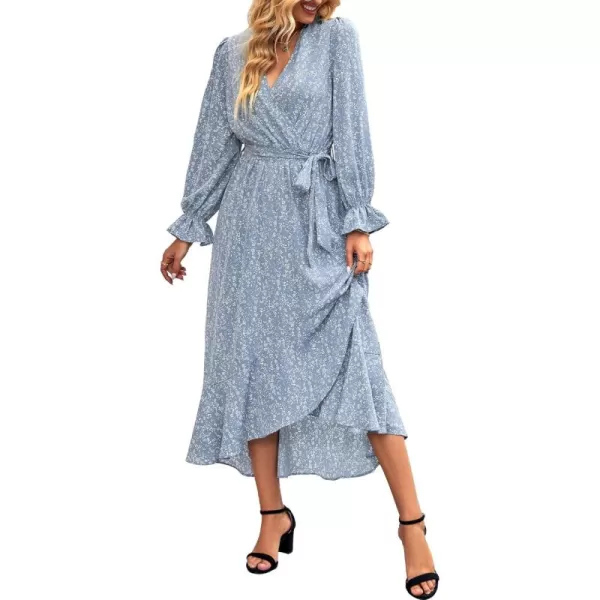 BTFBM Women Long Sleeve Wrap Maxi Dress V Neck Boho Floral High Waist Flowy Ruffle 2024 Spring Summer Dresses with BeltFloral Blue