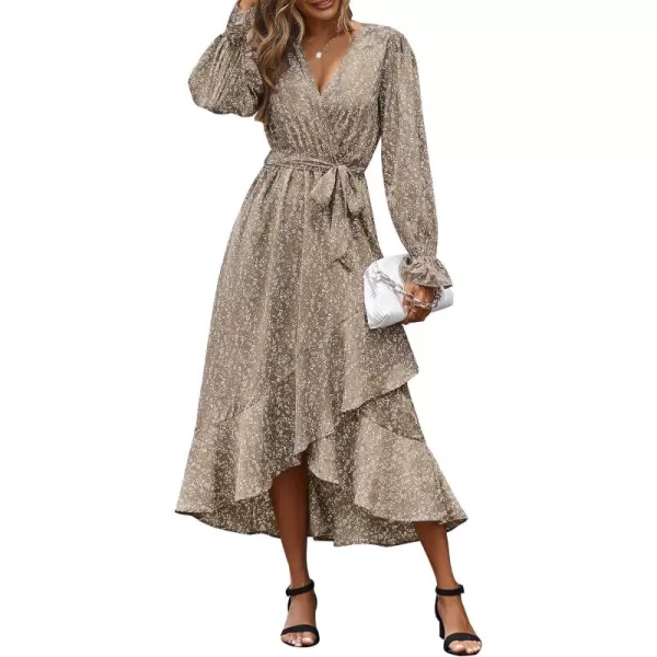 BTFBM Women Long Sleeve Wrap Maxi Dress V Neck Boho Floral High Waist Flowy Ruffle 2024 Spring Summer Dresses with BeltFloral Brown
