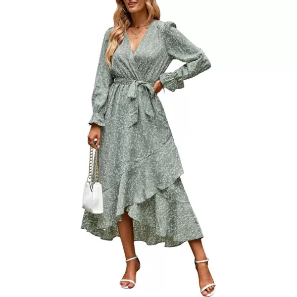 BTFBM Women Long Sleeve Wrap Maxi Dress V Neck Boho Floral High Waist Flowy Ruffle 2024 Spring Summer Dresses with BeltFloral Green