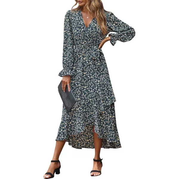 BTFBM Women Long Sleeve Wrap Maxi Dress V Neck Boho Floral High Waist Flowy Ruffle 2024 Spring Summer Dresses with BeltFloral Light Blue Apricot