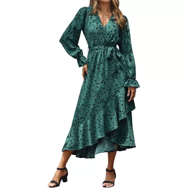 BTFBM Women Long Sleeve Wrap Maxi Dress V Neck Boho Floral High Waist Flowy Ruffle 2024 Spring Summer Dresses with BeltLeopard Dot Green