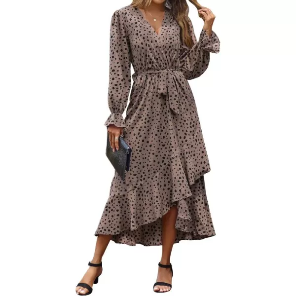 BTFBM Women Long Sleeve Wrap Maxi Dress V Neck Boho Floral High Waist Flowy Ruffle 2024 Spring Summer Dresses with BeltLeopard Dot Light Khaki